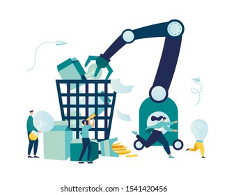 Vector creative illustration of business graphics, the employee is engaged in recycling garbage, career growth to success, flat color icons, business analysis, environmental protection