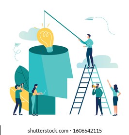 Vector creative illustration of business graphics, the company is engaged in a joint search for ideas, abstract human head, fishing rod idea in the head, thinking and Analytics