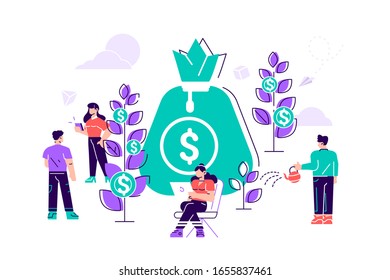 Vector ilustración creativa de gráficos empresariales, la empresa está comprometida en la construcción conjunta y el cultivo de beneficios en efectivo, crecimiento de carrera al éxito, iconos de color plano, una gran bolsa de dinero