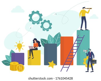 Vector creative illustration of business graphics, the company is engaged in the joint construction of column graphs, the rise of the career to success, flat color icons, business analysis