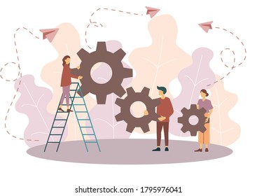Ilustración creativa vectorial de gráficos de negocios, la empresa se dedica a la construcción conjunta de gráficos de columnas, el ascenso de la carrera al éxito, iconos de color plano, análisis de negocio.