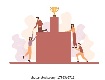 Vector creative illustration of business graphics, the company is engaged in the joint construction of column graphs, the rise of the career to success, flat color icons, business analysis.