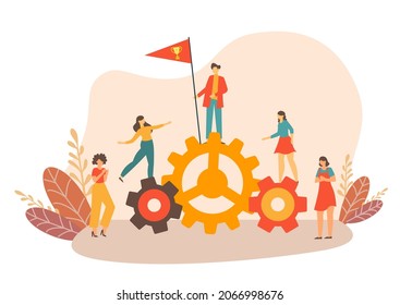 Ilustración creativa vectorial de gráficos de negocios, la empresa se dedica a la construcción conjunta de gráficos de columnas, el ascenso de la carrera al éxito, iconos de color plano, análisis de negocio.