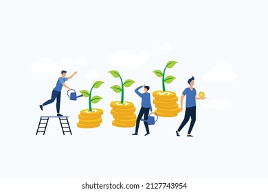 Ilustración creativa vectorial de gráficos de negocios, la empresa se dedica a la construcción conjunta y cultivo de beneficios en efectivo, crecimiento de carrera al éxito, iconos de color plano, análisis de negocio