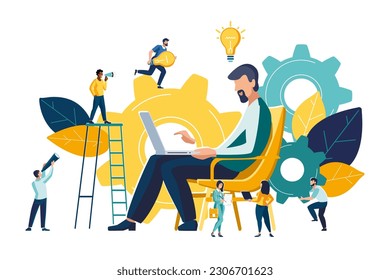 Vector creative illustration of business graphics. Teamwork, the company participates in the joint construction of business, raising careers to success.Person's head is full of ideas, people, thoughts