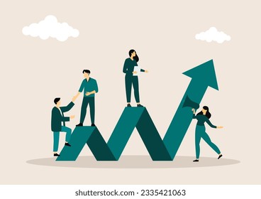 Vector creative illustration of business graphics, the company is engaged in the joint construction of column graphs, the rise of the career to success, flat color icons, business analysis.