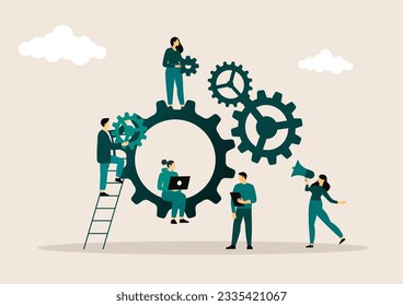 Vector creative illustration of business graphics, the company is engaged in the joint construction of column graphs, the rise of the career to success, flat color icons, business analysis.
