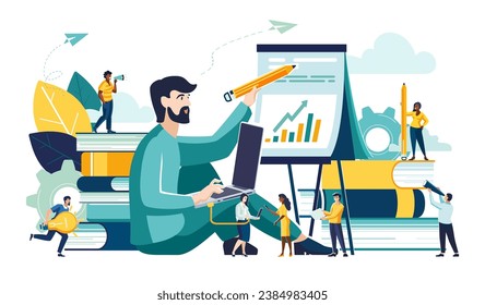 Ilustración creativa vectorial de gráficos de negocios, gente de aprendizaje a distancia, cursos en línea y negocios, educación. Libros y libros de texto en línea, estudiantes de origen étnico, preparación de exámenes, vector de estudio en el hogar