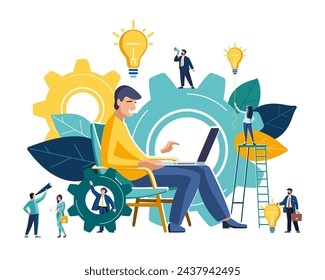 Ilustración creativa vectorial de gráficos de negocios. Trabajo en equipo, la empresa participa en la construcción conjunta de negocios, elevando carreras al éxito. La cabeza de la persona está llena de ideas, personas, pensamientos