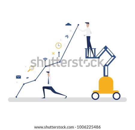 Vector creative illustration of business graphics, businessmen support the scale of achievement goals path to success, flat color icons, business concept