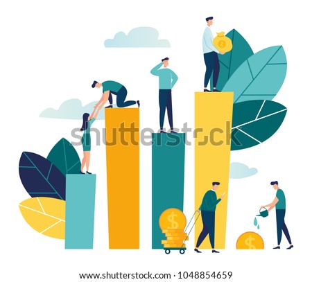 Vector creative illustration of business graphics, the company is engaged in the joint construction of column graphs, career growth to success, flat color icons, business analysis, cash profit vector