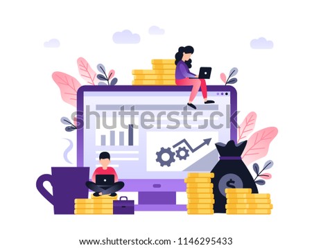 Vector creative illustration of business graphics, the rise of the career to success, flat color icons, business analysis. Small people on computer desk, finance consultation.