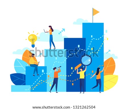 Vector creative illustration of business graphics, the company is engaged in the joint construction of column graphs, the rise of the career to success, flat color icons, business analysis