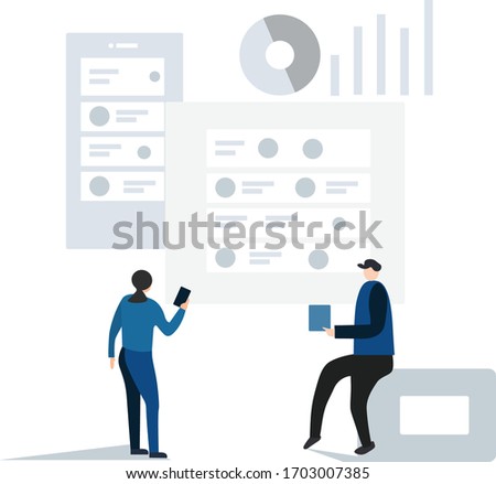 Vector creative illustration of business graphics, the company is engaged in joint search for ideas, abstract person's head, filled with ideas of thought and analytics, replacing old with new