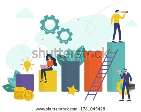 Vector creative illustration of business graphics, the company is engaged in the joint construction of column graphs, the rise of the career to success, flat color icons, business analysis