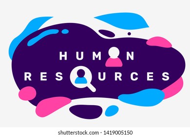 Vector creative illustration of business human resources word typography with magnifying glass and people head icon on color background with abstract shape. Flat style design for web, site, banner