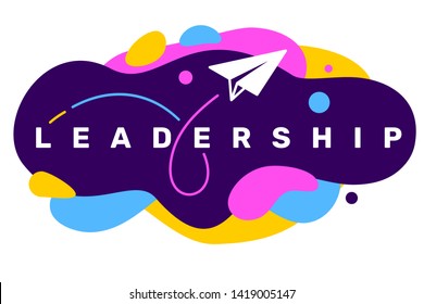 Vector creative illustration of business leadership word typography with paper air plane icon on color background with abstract shape. Flat style design for web, site, horizontal banner, presentation