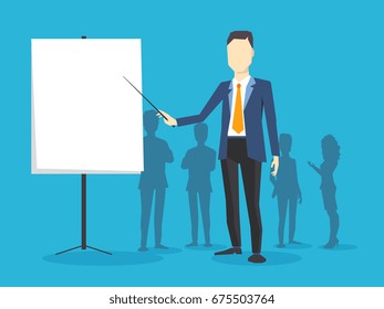 Vector creative illustration of business man with a white board on blue background. Manager points to the board at the conference. Business coaching, training. Stylish design for business presentation