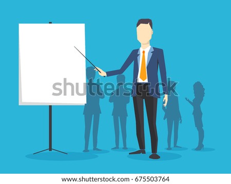 Vector creative illustration of business man with a white board on blue background. Manager points to the board at the conference. Business coaching, training. Stylish design for business presentation