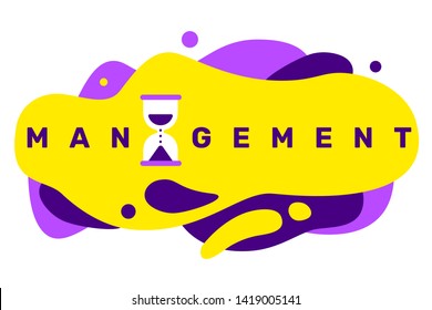 Vector creative illustration of business management word typography with hourglass icon on color background with abstract shape. Flat style design for web, site, horizontal banner, presentation
