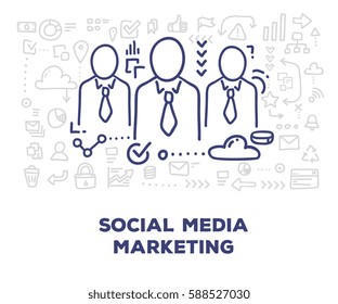Vector ilustración creativa de hombres de negocios con iconos de línea, cabecera sobre fondo blanco. Concepto de marketing en redes sociales. Diseño delgado del estilo del doodle del arte de la línea dibujada a mano para el Web, Anuncio, presentación