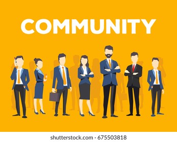 Vector creative illustration of business people on yellow background. Office employees community. Communication of business team. Stylish design for business community theme