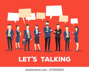 Vector creative illustration of business people with speech bubble on red background. Office employees communication. Meeting of business team. Stylish design for business conversation theme