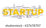 Vector creative illustration of business startup word lettering typography with line icons, tag cloud on white background. Startup technology concept. Thin line art style design for business startup