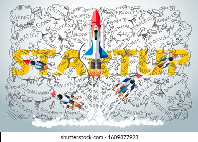 Vector creative illustration of business startup word lettering typography with business plan  data  text various new ideas concept.