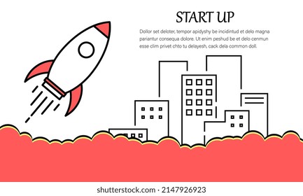 Vector creative illustration of business startup with rocket, fire cloud and houses on white background.