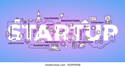 Vector creative illustration of business startup word lettering typography with line icons, tag cloud on purple gradient background. Startup technology concept. Thin line art style design of startup