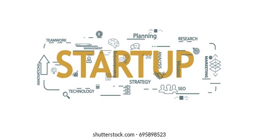 Vector creative illustration of business startup word lettering typography with line icons, tag cloud on white background. Startup technology concept. Thin line art style design for business startup