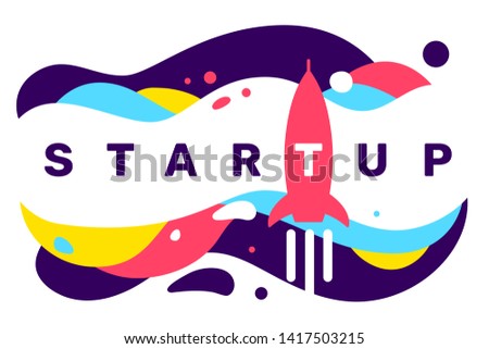 Vector creative illustration of business startup word typography with space rocket icon on color background with abstract shape. Flat style design for web, site, horizontal banner, presentation