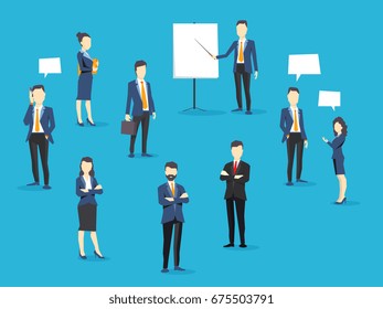 Vector creative illustration of business team. Office staff teamwork. People stand in different poses and are busy with their own affairs on blue background. Stylish design of business teamwork