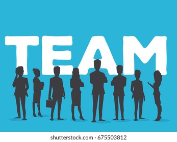 Vector creative illustration of business team. Office staff teamwork. Silhouettes of people and team word lettering typography on blue background. Stylish design of word team for business theme