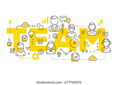 Vector creative illustration of business team line art style. People, icons and yellow team word typography on white background. Office staff teamwork. Stylish design of word team for business theme