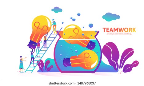Vector creative illustration of business teamwork, little people seeks up the stairs to collect, gather, and search new ideas for company, team metaphor concept. - Vector