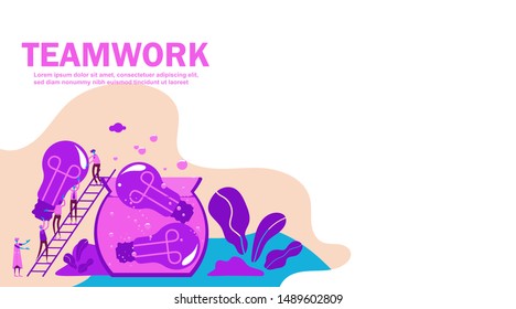 Vector creative illustration of business teamwork, little people seeks up the stairs to collect, gather, and search new ideas for company, team metaphor concept. - Vector