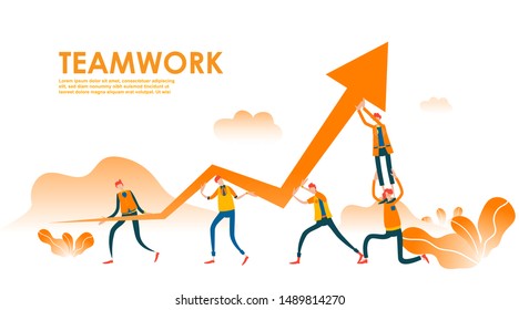 Vector creative illustration of business teamwork. Little people characters working together and holding graph arrow on the way to success. Financial success, cooperation, collaboration. - Vector