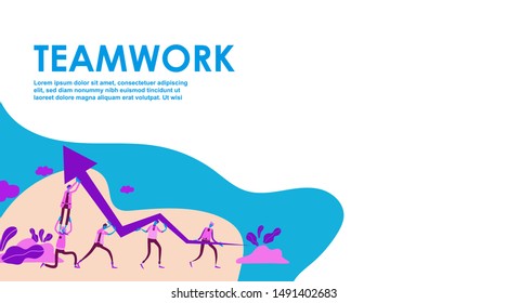 Vector creative illustration of business teamwork. Little people characters working together and holding graph arrow on the way to success. Financial success, cooperation, collaboration. - Vector