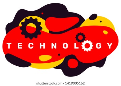 Vector creative illustration of business technology word typography with gear icon on color background with abstract shape. Flat style design for web, site, horizontal banner, presentation