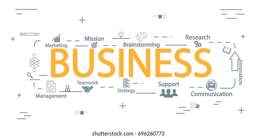 Vector creative illustration of business word lettering typography with line icons on white background. Business structure concept. Thin line art style design for business plan, management theme