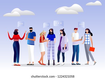 Vector creative illustration, businessmen discuss social network, news, chat, dialogue speech bubbles, business meeting, discussion group. Stylish people. Characters design