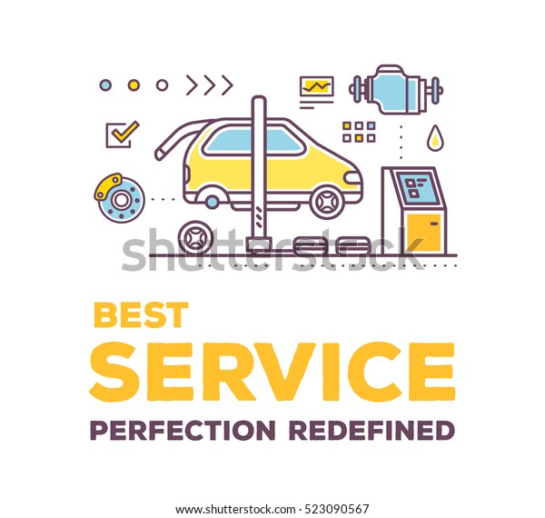Vector creative illustration of car service\
workshop on white background with header. Car best service and\
maintenance concept. Flat thin line art style design for car\
repair, diagnostics,\
inspection