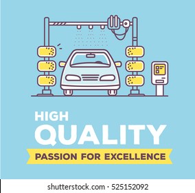 Vector creative illustration of car wash with header on blue background. High quality car service and maintenance concept. Flat thin line art style design for best automatic car wash service