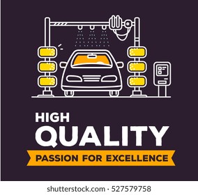 Vector creative illustration of car wash with header on dark background. High quality 24 hour car service, maintenance concept. Flat thin line art style design of best night automatic car wash service