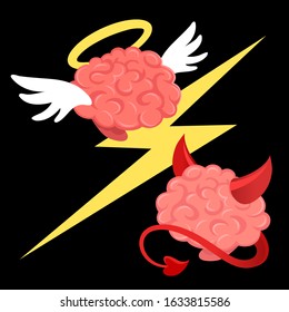 Vector creative illustration of character pink human brain battle of good angel with a halo and wings vs angry with devil red horns and tail on black background with lightning. Fight of good and evil