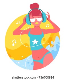 Vector creative illustration of close up fashion tanned girl in a swimsuit and with headphones on white background with yellow sand and blue sea waves. Flat style beach party design for poster, banner
