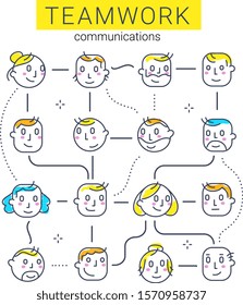 Vector creative illustration of communication of business team on white background. Flat style design of company team people head for web, site, banner, presentation