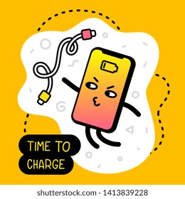 Vector creative illustration of completely discharged smartphone. Phone character with charging cord and text. Line art doodle style graphic design for web, site, banner, poster, sticker